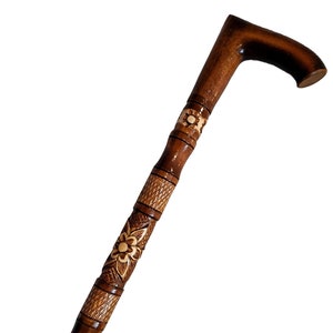 Wooden walking cane, Rustic walking stick made of wood, Pretty handcarved cane, Lightweight cane, Sturdy walking stick with rubber cap