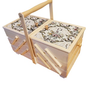 Big wooden box for sewing accessories, natural wood storage box for craft supplies, upholsted jewelry box, sewing box wood, accordion box