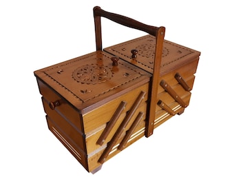 Wooden sewing box with carved lids, light brown jewellery casket, perfect gift for her, storage box, accordion box, elegant and stylish gift