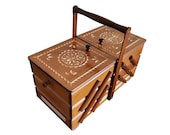 Huge sewing box from wood, light brown carved sewing caddy, jewellery casket for her, needles box, accordion box, best gift for woman