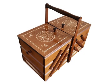 Huge sewing box from wood, light brown carved sewing caddy, jewellery casket for her, needles box, accordion box, best gift for woman