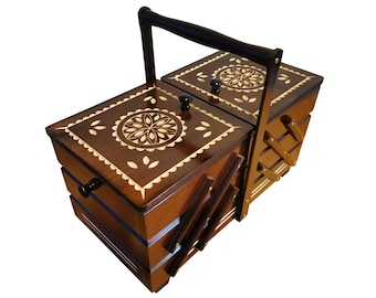 Large sewing box made from wood, dark brown carved jewellery casket, sewing kit box, accordion box, craft supplies storage, gift for her