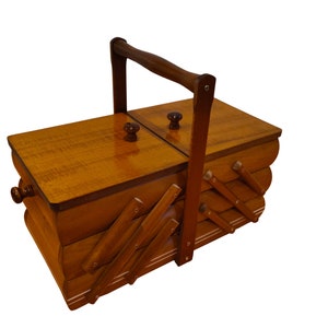 Wooden sewing box, wood storage for sewing equipment, foldable jewelry box, brown sewing box of wood, minimalist style accordion box