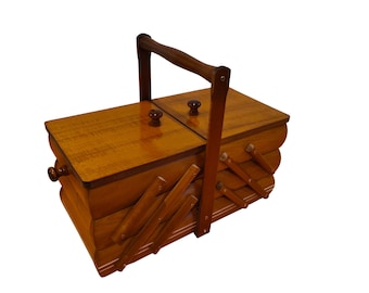 Wooden sewing box, wood storage for sewing equipment, foldable jewelry box, brown sewing box of wood, minimalist style accordion box