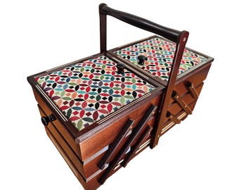 Upholstered Wooden Sewing Box, Expandable Fold Out Storage Box, Large Sewing Organizer, Craft & Jewelry Storage Case