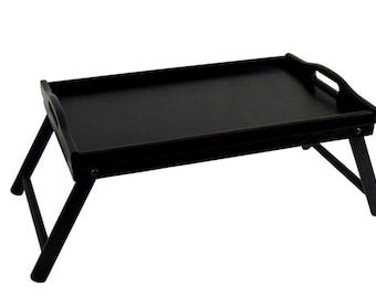 Plateau rustique noir, Table basse en bois, Plateau de table petit-déjeuner, Support pour ordinateur portable, Petit déjeuner au lit, Plateau pieds pliants avec poignées, Plateau de service