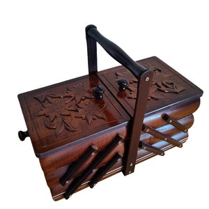 Sewing box of natural wood, jewelry casket, small carved expandable box, supplies storage, concentrina box, home organization, best gift
