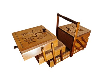 Wooden Sewing Box Organizer, 3D Carved Floral Lids, Expandable Concertina Box, Natural Wood Craft Storage, Jewelry Box, Rustic Handmade Gift