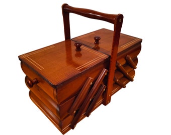 Brown Wood Sewing Box: Accordion Style Craft Storage