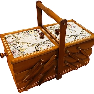 Sewing box made from wood, jewelry casket, decorative expandable box, art craft storage, upholsted concentrina box, home stuff organization