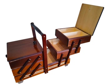 Wooden sewing box, dark brown sewing caddy, jewellery casket, needles box made of wood, accordion box, elegant stylish, best gift for woman