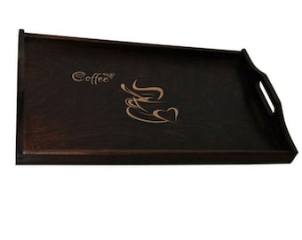 Dark brown rustic tray, Wooden coffee table, Decorative breakfast tray, Tray with handles, Serving tray made from wood, Coffee mug pattern