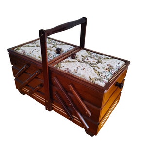 Dark brown sewing box with soft material, Wooden storage box for craft supplies or jewelry, big sewing box accordion, upholstered lids box