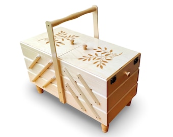 Biggest wooden box for sewing kit, enormous wood storage box for sewing equipment, huge jewelry box, natural sewing box, XXL accordion box
