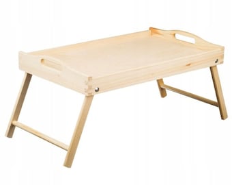 Unfinished bed tray, Raw wood coffee table, Unpainted breakfast table tray,  Laptop stand, Folding legs tray with handles, Big serving tray