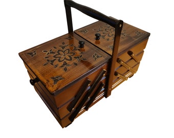 Large box for sewing kit, ornamental storage box for jewelry, wooden jewelry casket, dark brown sewing box wood, accordion box, gift for her