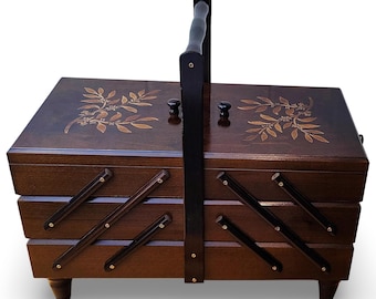 Extra large wooden box for sewing kit, XXL wood storage box for sewing equipment, huge jewelry box, dark brown sewing box, accordion box