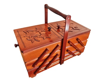 Large Wooden Sewing Box Organizer, Accordion Cantilever Sewing Box, Carved Floral Lid, Fold Out Sewing Storage Box, Handmade Craft Organizer
