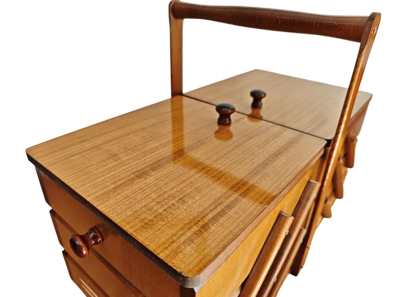 Scatola organizer in legno per cucito, cestino a fisarmonica per cucito, contenitore pieghevole per lavori creativi, grande contenitore per cucito, scatola porta gioielli, regalo per lei immagine 4