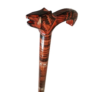 Handmade Wooden Walking Cane: Carved Wolf Head Handle