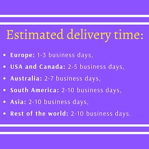 Puede incluir: Tiempo de entrega estimado para los pedidos: Europa: 1-3 d&iacute;as h&aacute;biles, EE. UU. y Canad&aacute;: 2-5 d&iacute;as h&aacute;biles, Australia: 2-7 d&iacute;as h&aacute;biles, Am&eacute;rica del Sur: 2-10 d&iacute;as h&aacute;biles, Asia: 2-10 d&iacute;as h&aacute;biles, Resto del mundo: 2-10 d&iacute;as h&aacute;biles.