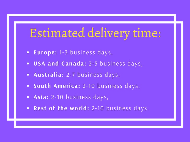 Puede incluir: Tiempo de entrega estimado para los pedidos: Europa: 1-3 d&iacute;as h&aacute;biles, EE. UU. y Canad&aacute;: 2-5 d&iacute;as h&aacute;biles, Australia: 2-7 d&iacute;as h&aacute;biles, Am&eacute;rica del Sur: 2-10 d&iacute;as h&aacute;biles, Asia: 2-10 d&iacute;as h&aacute;biles, Resto del mundo: 2-10 d&iacute;as h&aacute;biles.