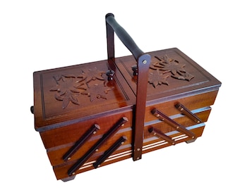 Large wooden box for sewing kit, wood carved storage box for sewing equipment, carved jewelry box, dark brown sewing box wood, accordion box
