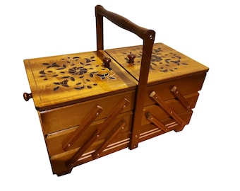 Huge sewing box from wood, wooden storage box for art and craft supplies, light brown jewelry box, sewing accordion box, box for sewing kit