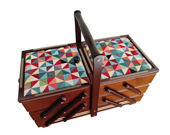 Dark Wood Sewing Box, Upholstered Sewing Basket, Wooden Craft Organizer, Expandable Concertina Box, Jewelry Storage Case, Sewing Kit Box