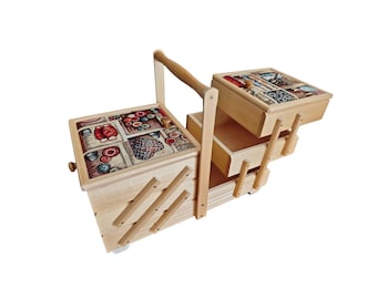 Large sewing box in natural wood colour, wooden jewelry storage box, craft supplies and accessories, sewing box accordion, upholstered box