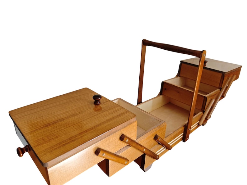 Pu&ograve; includere: Un portacucito in legno con finitura marrone chiaro, caratterizzato da un design a sbalzo con molteplici scomparti a livelli che si espandono verso l'esterno. La scatola include un'alta maniglia per il trasporto e pomelli marrone scuro.