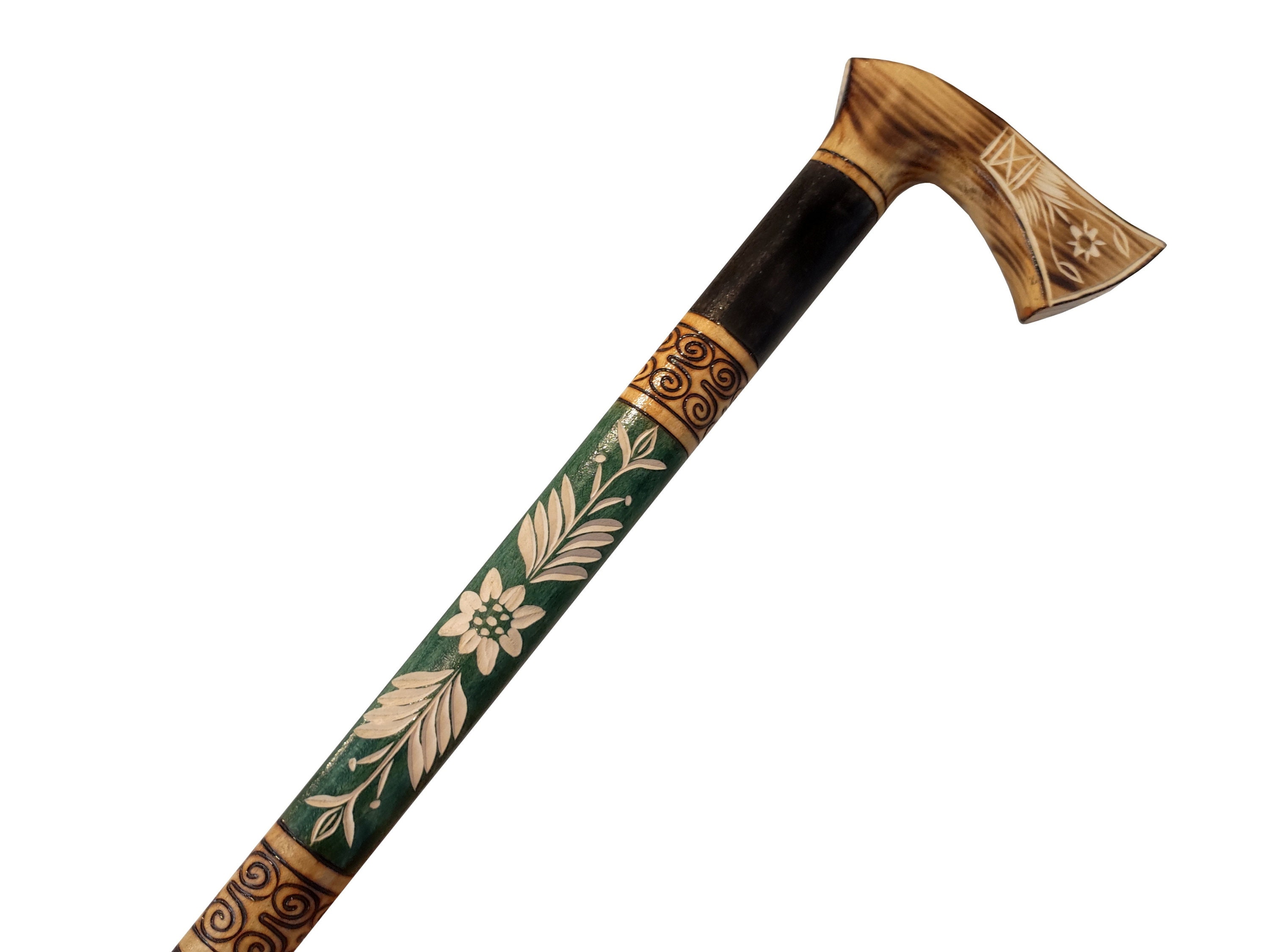 Carved walking cane, Folk walking stick made from wood, Handmade cane, Fashionable lightweight cane, Durable walking stick with rubber cap
