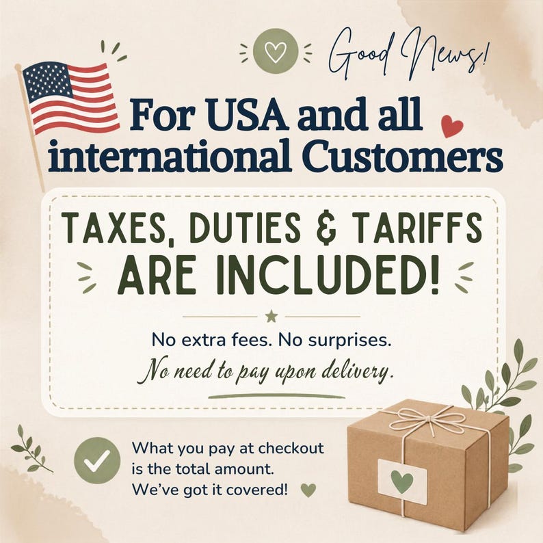 Pu&ograve; includere: Un annuncio grafico con il testo Good News! For USA and all international Customers, TAXES, DUTIES & TARIFFS ARE INCLUDED! No extra fees. No surprises. No need to pay upon delivery. What you pay at checkout is the total amount.