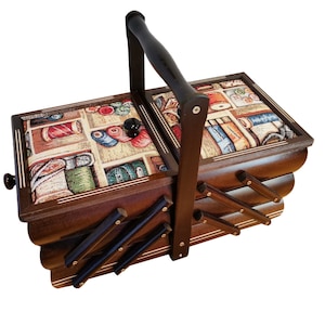Dark brown sewing box from wood, wooden storage box for jewelry, fold out box for craft supplies, sewing box accordion, upholstered box