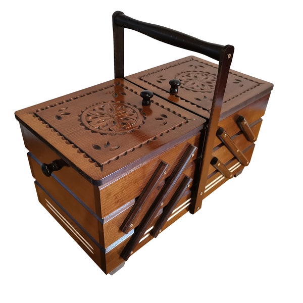 Caja de madera grande para kit de costura, caja de almacenamiento tallada en madera para equipos de costura, joyero tallado, madera de caja de costura marrón oscuro, caja de acordeón