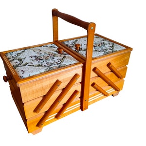 Sewing box in light brown colour, wood storage box for jewelry, fold out box for craft supplies, sewing box accordion, upholstered box