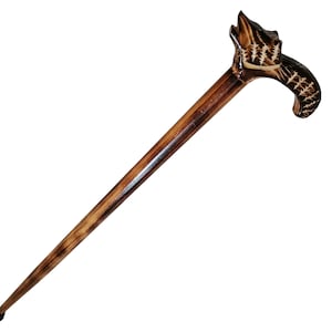 Hand Carved Beech Wood Walking Cane: Rustic Wolf Head Handle