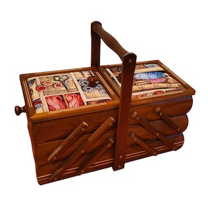 Sewing box made of wood, wooden storage box, big vintage retro box for art and craft supplies, sewing box accordion, upholstered box