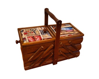 Sewing box made of wood, wooden storage box, big vintage retro box for art and craft supplies, sewing box accordion, upholstered box