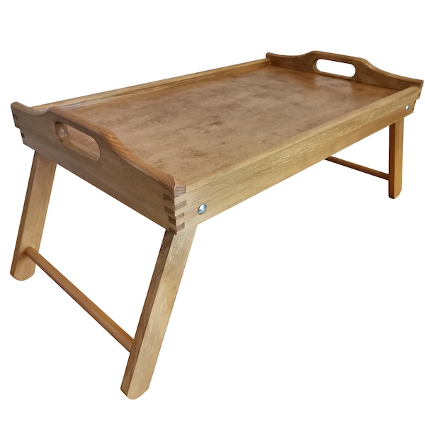 Plateau de table pour petit-déjeuner, Table basse, Support pour ordinateur portable, Petit-déjeuner au lit, Plateau de pieds pliants avec poignées, Plateau de service en bois, Plateau rustique marron