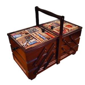 Large sewing box in dark brown colour, wooden storage box for jewelry, craft supplies and accessories, sewing box accordion, upholstered box