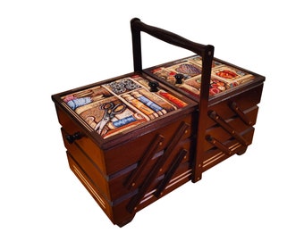 Large sewing box in dark brown colour, wooden storage box for jewelry, craft supplies and accessories, sewing box accordion, upholstered box