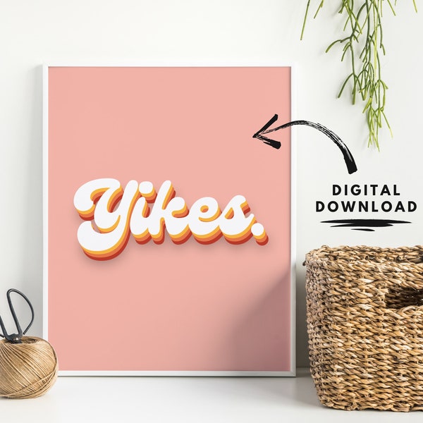 Retro typography poster, Yikes, digital download print, retro font, 70s inspired decor, bedroom wall art, home office printable, gen z decor