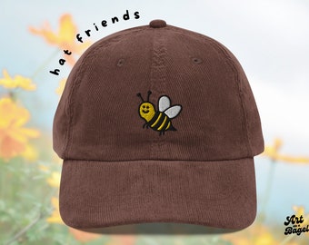 Chapeau brodé en velours côtelé avec abeille, casquette pour papa vintage, écusson bourdon, casquette de baseball automne, adulte, ArtOnABagel, motif de broderie abeille, cadeau mignon