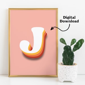 Letra J arte de parede para impressão, letras de quarto infantil, sinais iniciais para berçário, carta de quarto de meninas, sinal de carta retrô, nome para impressão, decoração dos anos 70