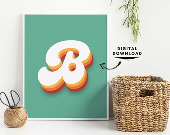 Letter B wall art printable, kids room letters, initial signs for nursery, initial print boy, retro letter sign, name printable, 70s decor