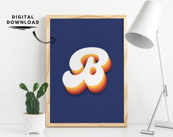 Letter B wall decor, boys room printable, kids letters art, initial signs for nursery, initial print boy, retro letter, printable initial