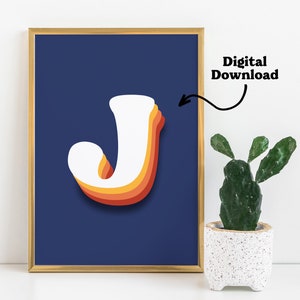 Letter J wall art, boys room printable, kids room letters, initial signs for nursery, initial print boy, retro letter sign, name printable