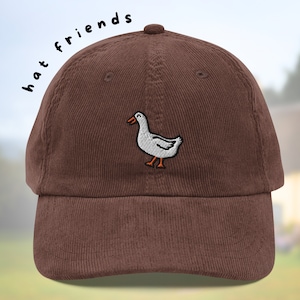 Embroidered duck corduroy hat, vintage dad cap, white duck, fall baseball hat, cute goose, bird embroidery patch, adult, ArtOnABagel