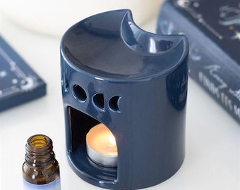 Brûleur à huile croissant de lune bleu - brûleur à cire fondue en céramique, parfum d'intérieur cadeau décoration